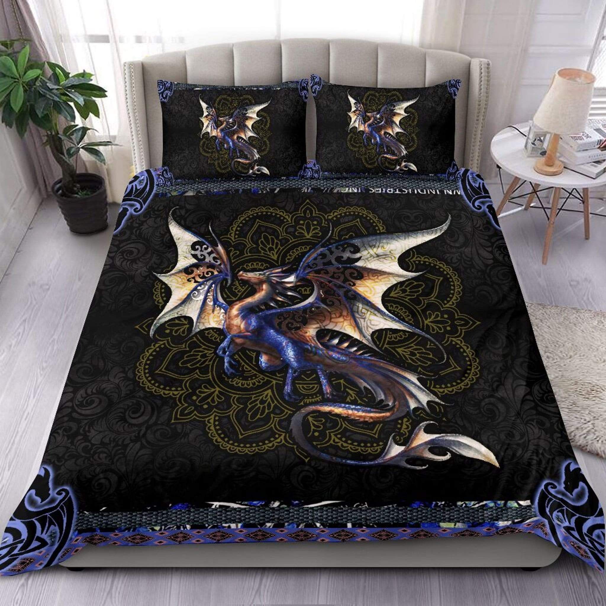 Amazing Dragon Black Mandala Pattern Duvet Cover Bedding Set