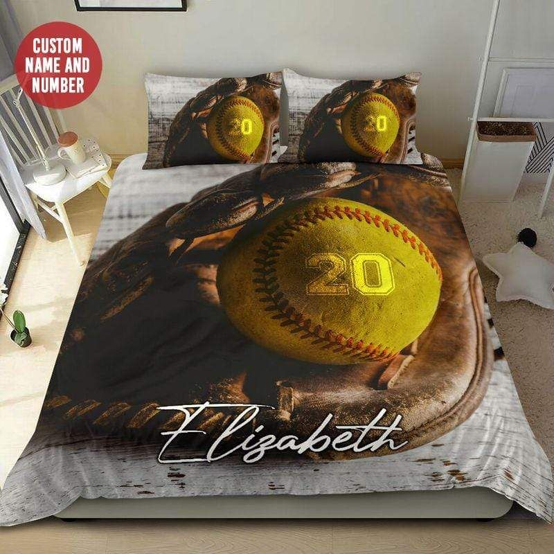 Personalized Vintage Softball Glove And Ball Custom Duvet Cover Bedding Set With Your Name