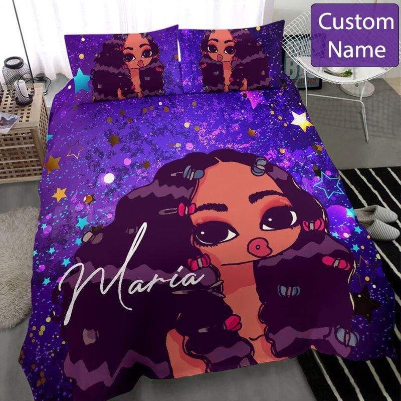 Personalized Black Girl Purple Galaxy Custom Name Duvet Cover Bedding Set