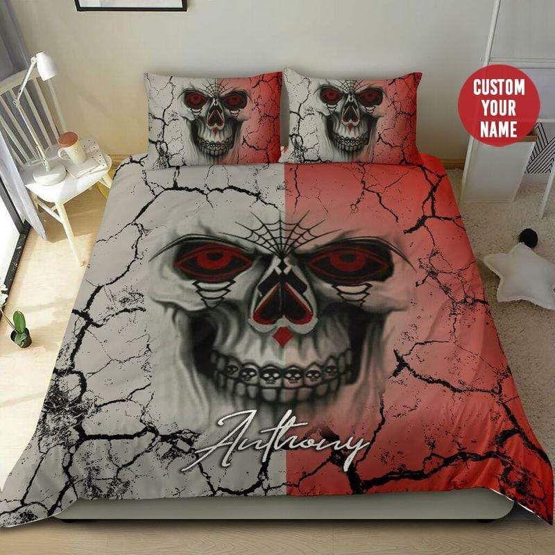 Personalized Skull Stone Face Red Grey Duvet Cover Bedding Set With Your Name
