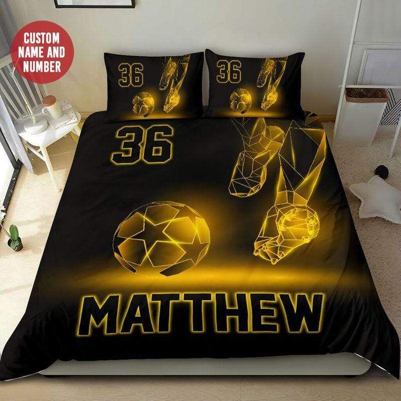 Personalized Soccer Player And Ball Gold Light Duvet Cover Bedding Set With Your Name