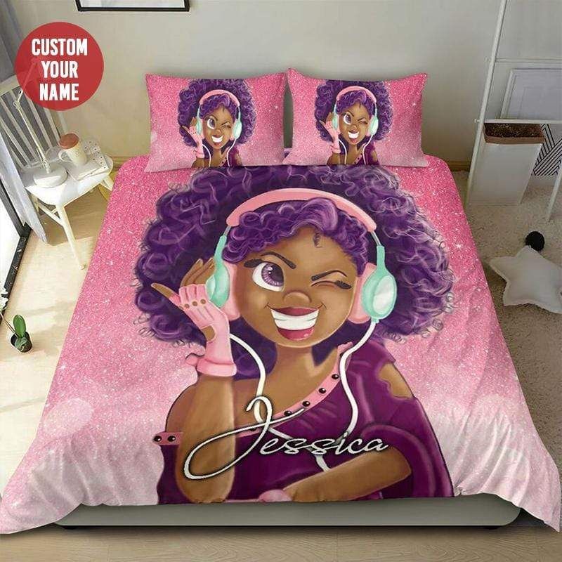 Personalized Black Baby Girl Purple Music Bling So Cute Duvet Cover Bedding Set With Your Name
