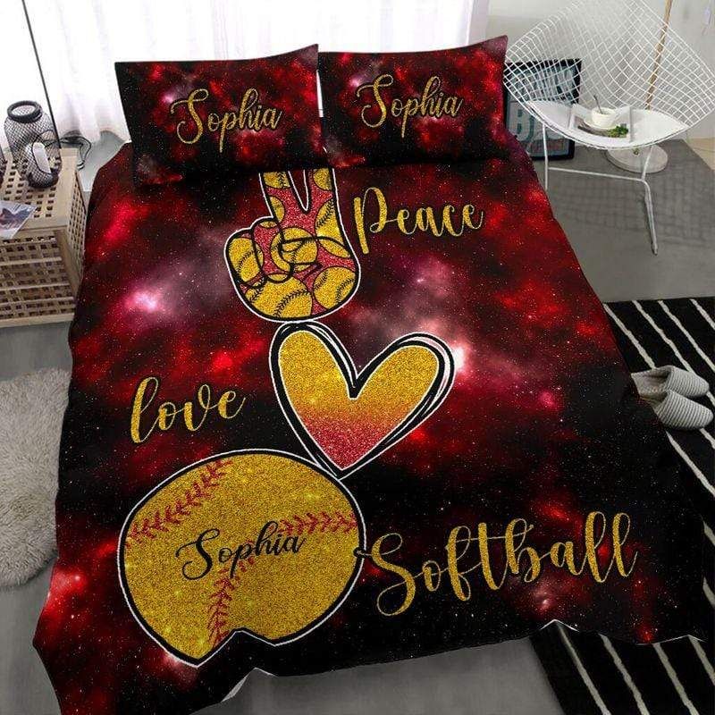 Personalized Peace Love Softball Custom Name Duvet Cover Bedding Set