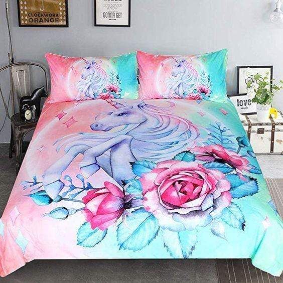 Rose Pink Blue Bedding Unicorn Lovers Duvet Cover Bedding Set