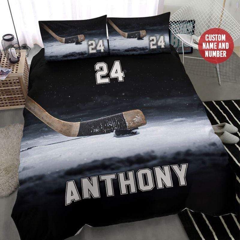 Personalized Ice Hockey Stick On Snow Duvet Cover Bedding Set With Your Name