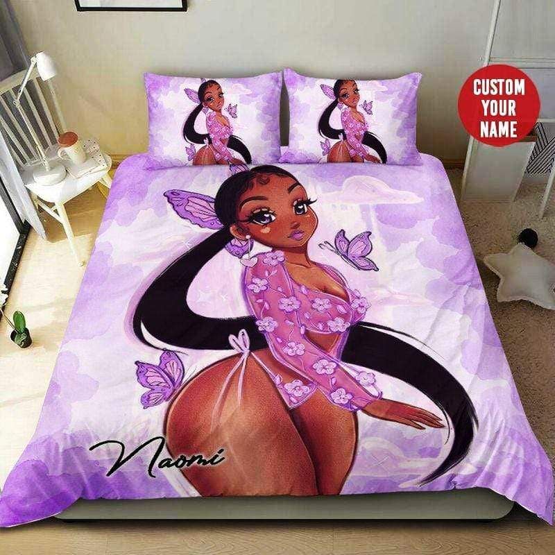 Personalized Black Girl Butterfly Purple Custom Name Duvet Cover Bedding Set