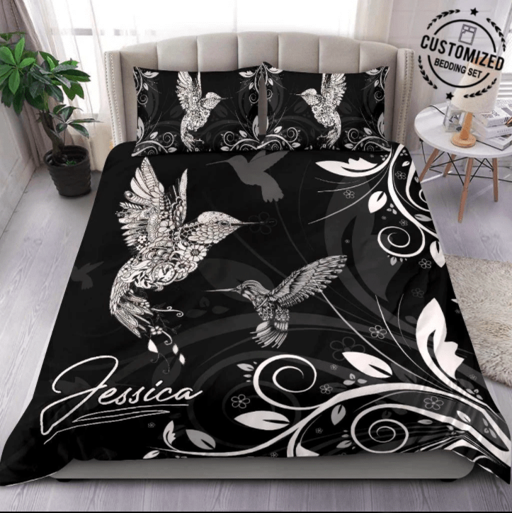 Personalized Mother And Child Black Art Hummingbird Custom Name Duvet Cover Bedding Set