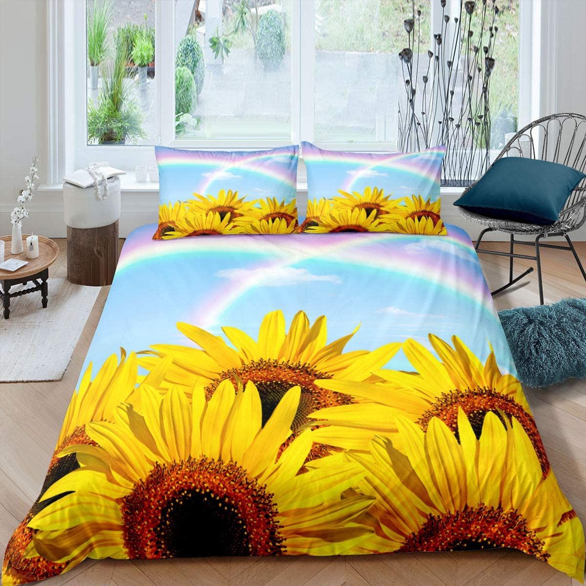 Rainbow Blue Sky Sunflower Duvet Cover Bedding Set