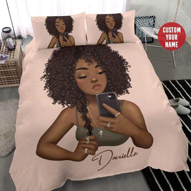Personalized Black Girl Selfie Custom Name Duvet Cover Bedding Set