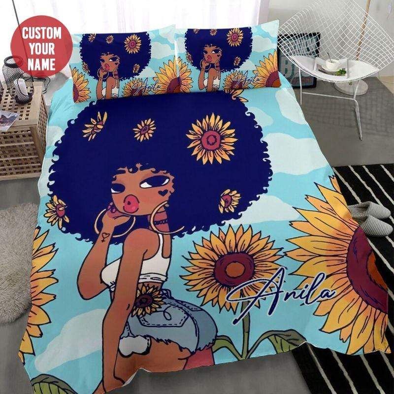 Personalized Sunflower Bad And Boujee Big Afro Black Girl Custom Name Duvet Cover Bedding Set