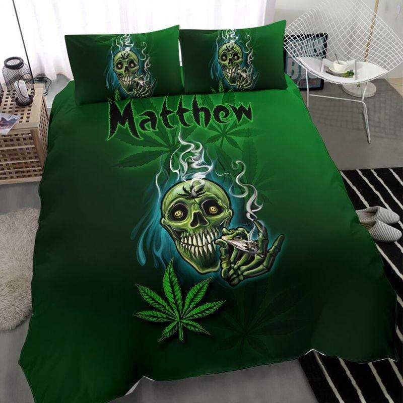 Personalized Skull Smoking Weed Green Duvet Cover Bedding Set With Your Name