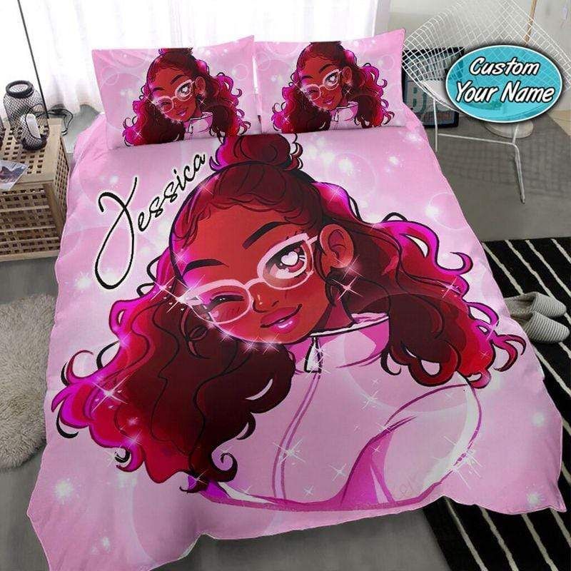Personalized Pink Black Girl Lovely Custom Name Duvet Cover Bedding Set