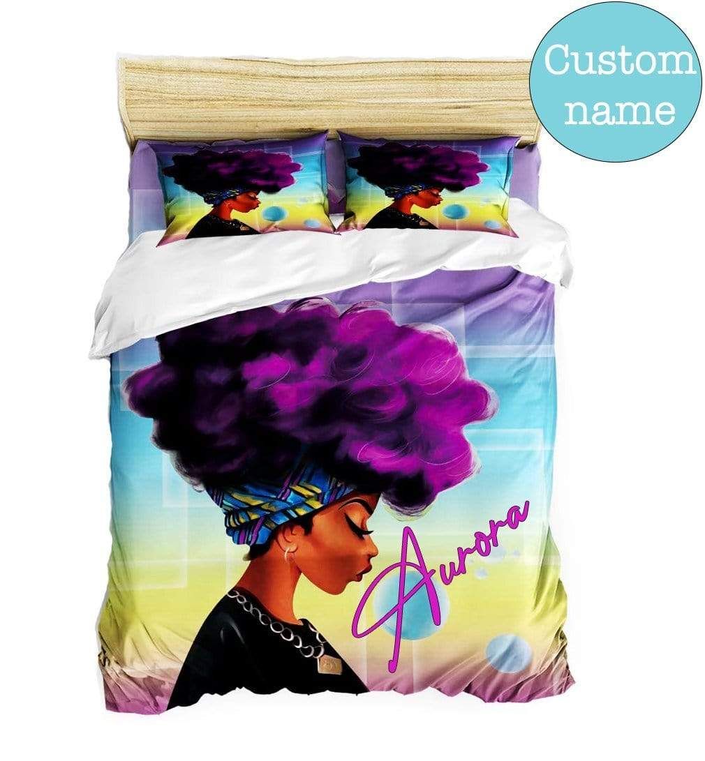 Personalized African American Hair Purple Custom Name Duvet Cover Bedding Set