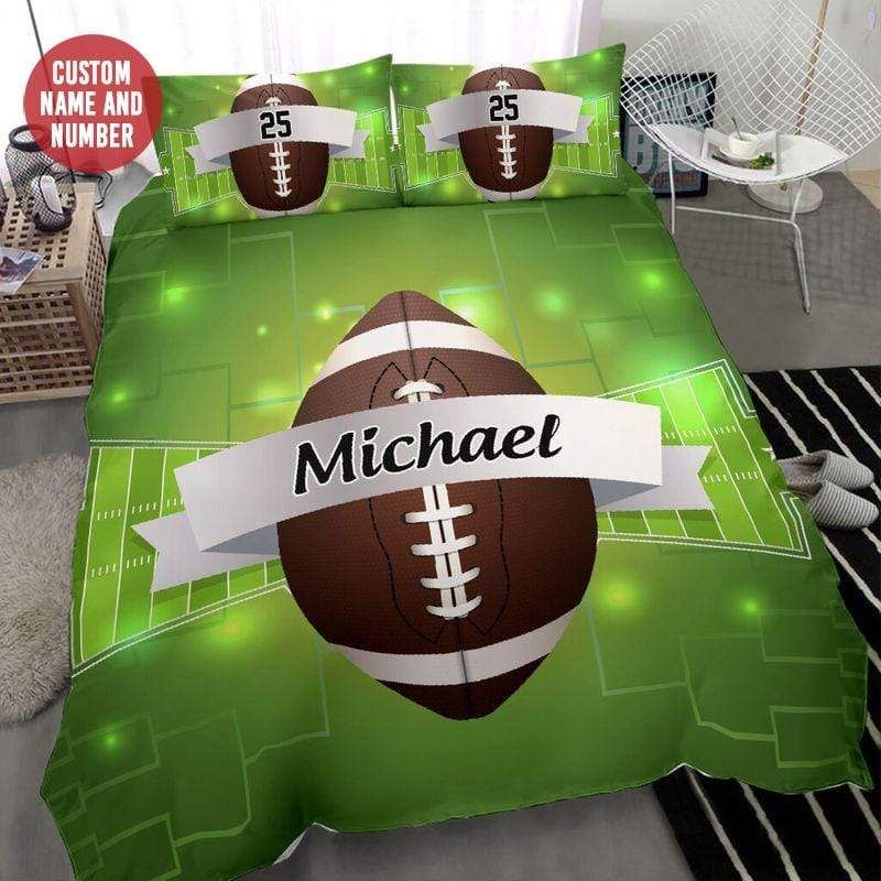 Personalized Green Football Ball Custom Duvet Cover Bedding Set With Your Name And Number