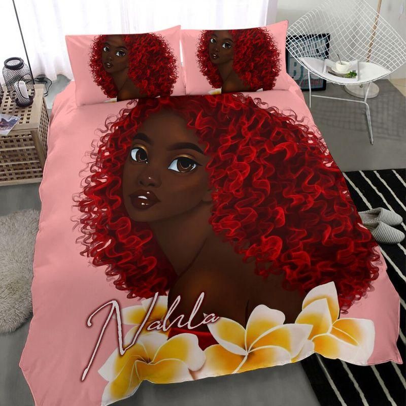 Personalized Black Girl Red Hair Custom Name Duvet Cover Bedding Set