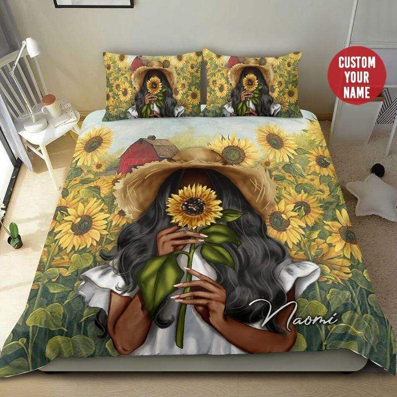 Personalized Black Girl Sunflower Beautiful Custom Name Duvet Cover Bedding Set