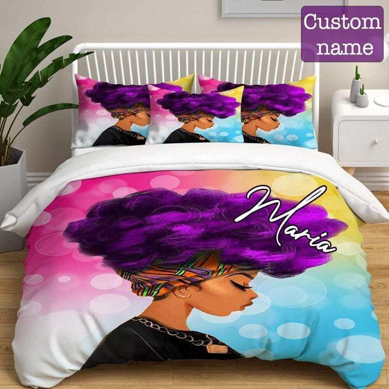 Personalized African American Hair Purple Ball Custom Name Duvet Cover Bedding Set
