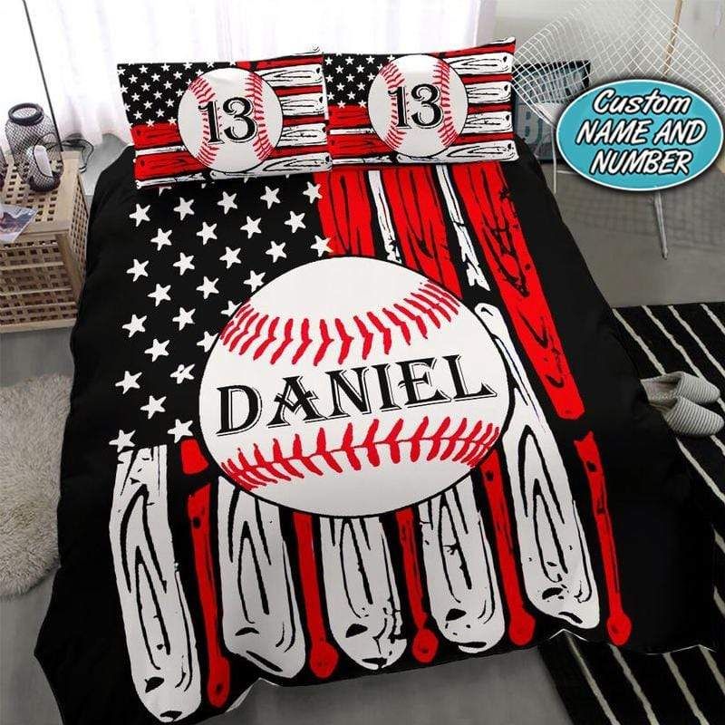 Personalized Baseball Bat Flag Duvet Cover Bedding Set With Name