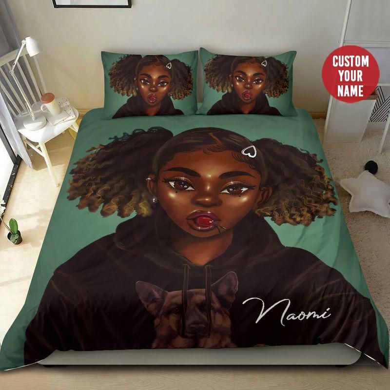 Personalized Black Girl Love Dogs Custom Name Duvet Cover Bedding Set