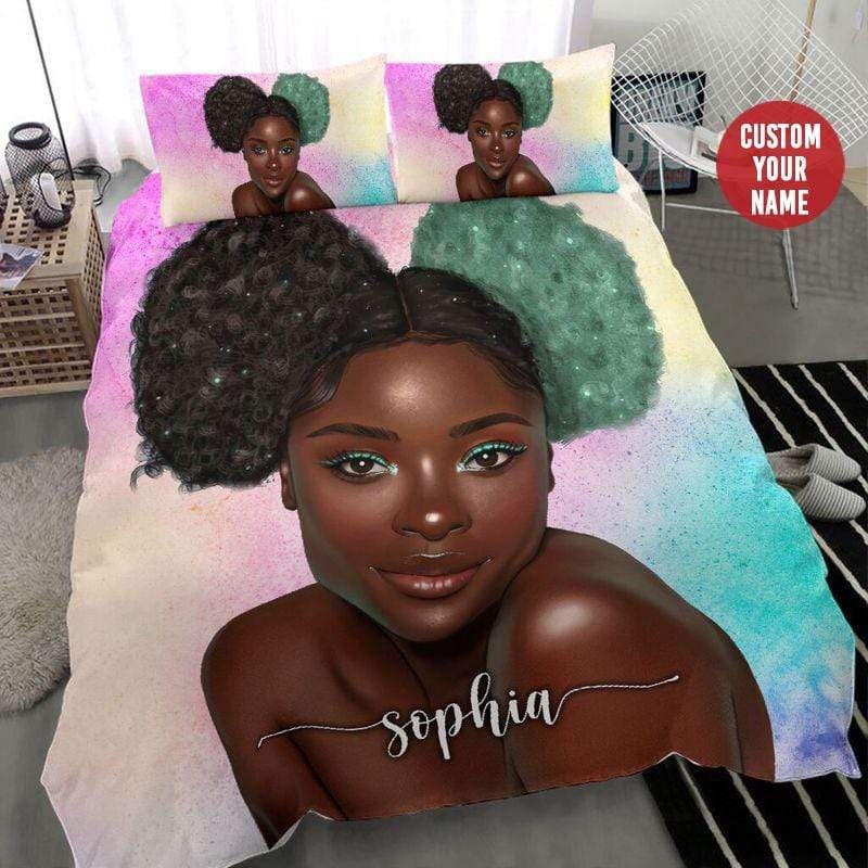 Personalized Blue & Black Afro Girl Love Bedding Set Custom Name