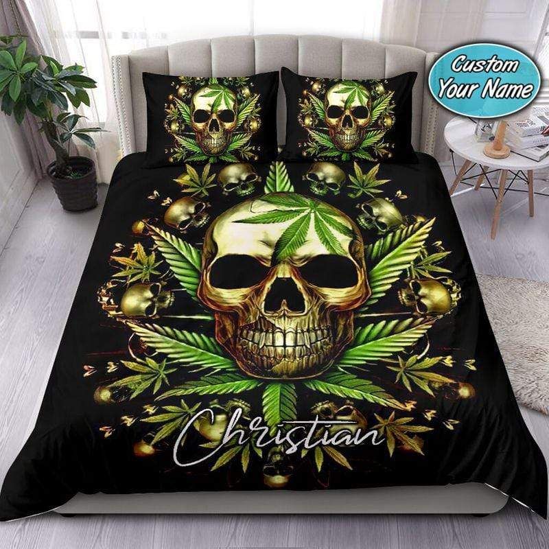 Personalized Weed Skull Duvet Cover Bedding Set With Your Name