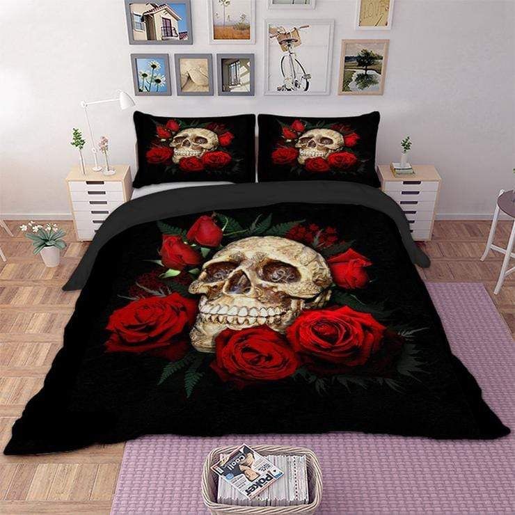 Red Rose Skull Duvet Cover Bedding Set