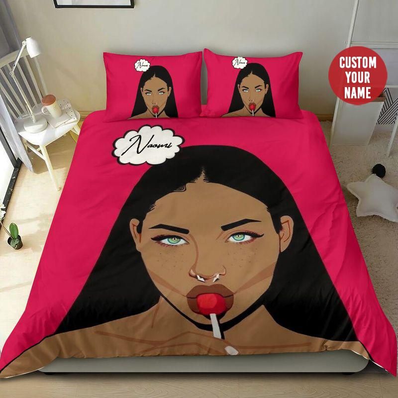 Personalized Hot Pink Glamor Black Woman Lollipop Custom Name Duvet Cover Bedding Set