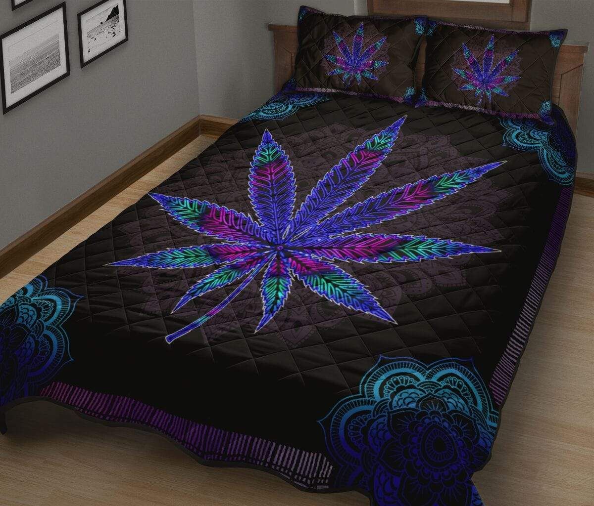 Weed Blue Purple Light Mandala Quilt Set