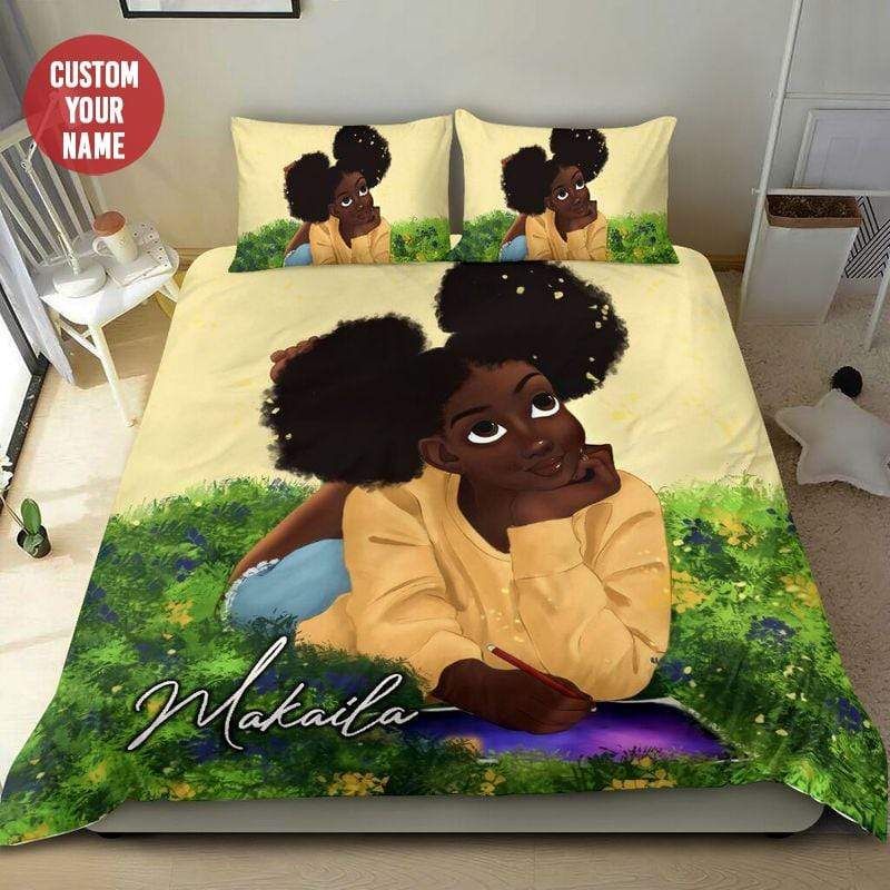 Personalized Happy Black Girl Lying On The Grass Custom Name Duvet Cover Bedding Set