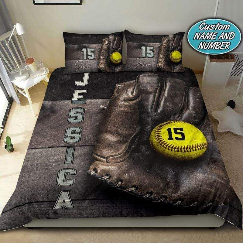 Personalized Vintage Softball Glove And Ball Custom Name Duvet Cover Bedding Set
