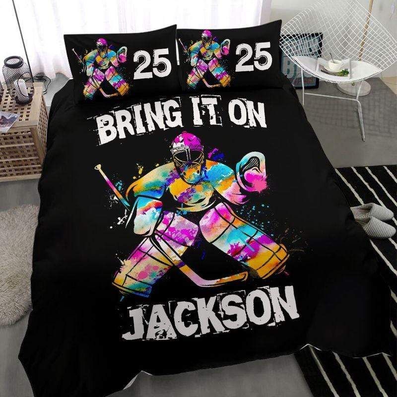 Personalized Bring It On Hockey Black Bedding Set With Your Name