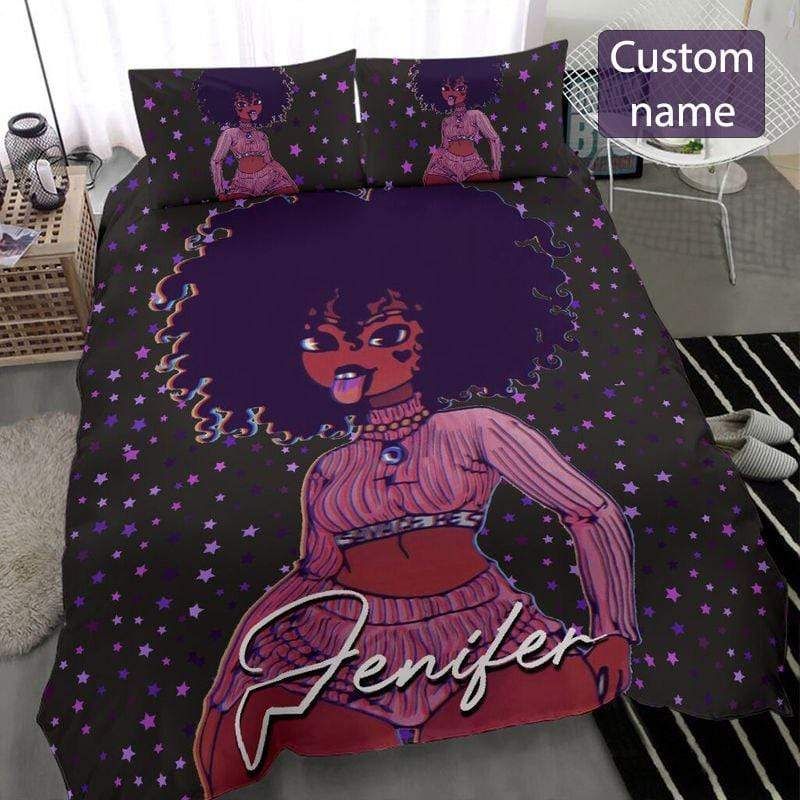 Personalized Black Girl Croptop Purple Star Custom Name Duvet Cover Bedding Set