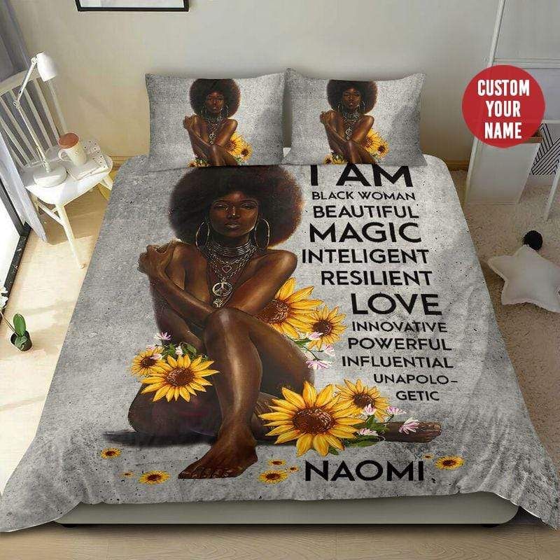 Personalized Black Girl Sunflower Beautiful Magic Custom Name Duvet Cover Bedding Set