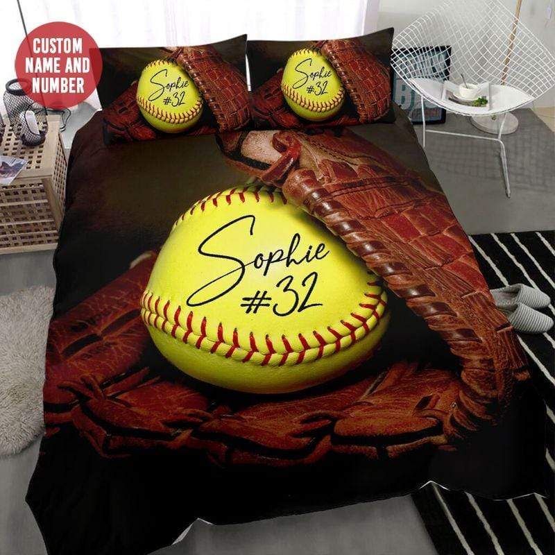 Personalized Softball Ball In Leather Glove Duvet Cover Bedding Set With Your Name