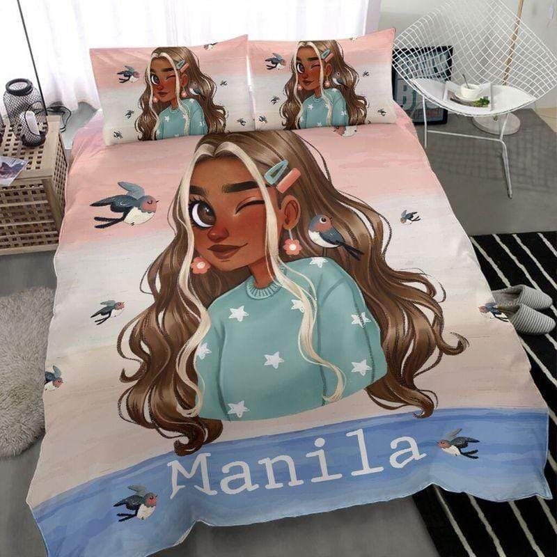 Personalized So Cute Black Girl With Bird Duvet Cover Bedding Set With Your Name