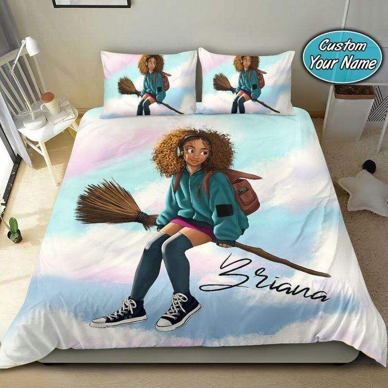 Personalized Black Girl Sitting On Magic Broom Custom Name Duvet Cover Bedding Set