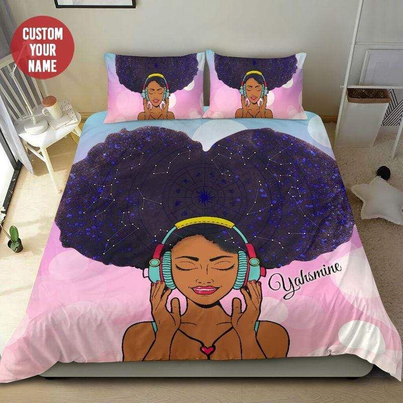 Personalized Black Girl Headphone Galaxy Afro Custom Name Duvet Cover Bedding Set