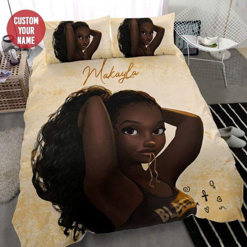 Personalized Black Girl Tie Hair Brown Tone Custom Name Duvet Cover Bedding Set