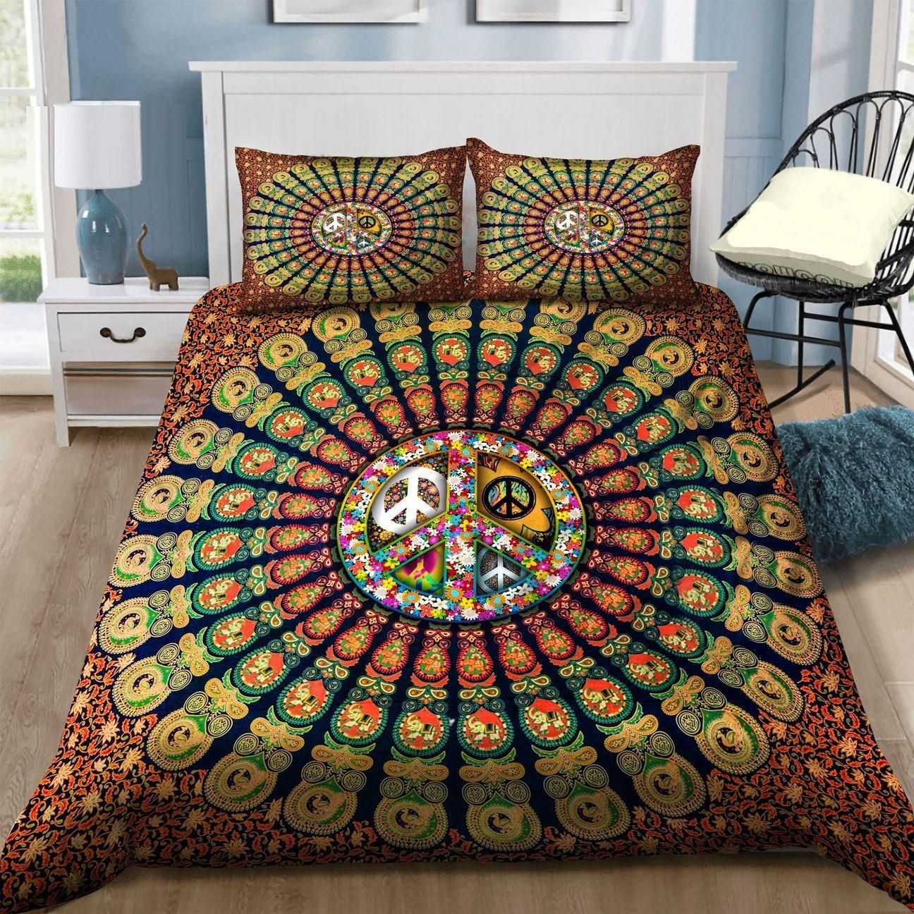 Hippie Patterns With Floral Symbol Duvet Cover Bedding Set