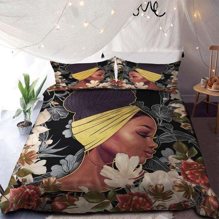Black Woman With Bandana And Flowers Duvet Cover Bedding Set