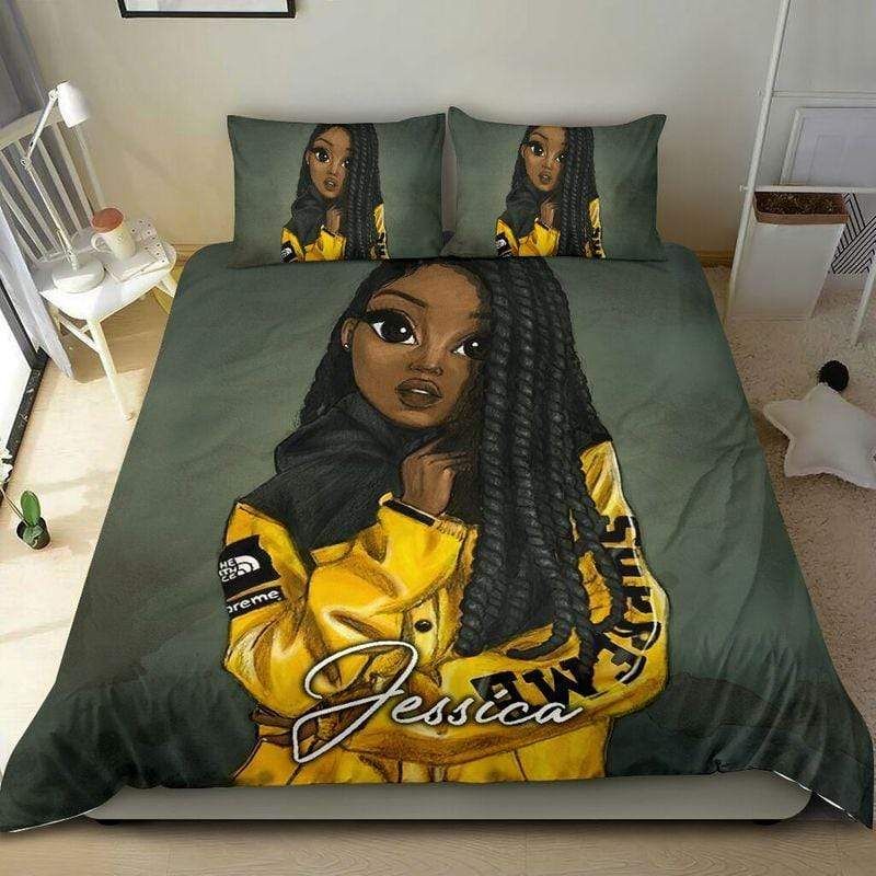 Personalized Black Girl Long Hair Cool Custom Name Duvet Cover Bedding Set