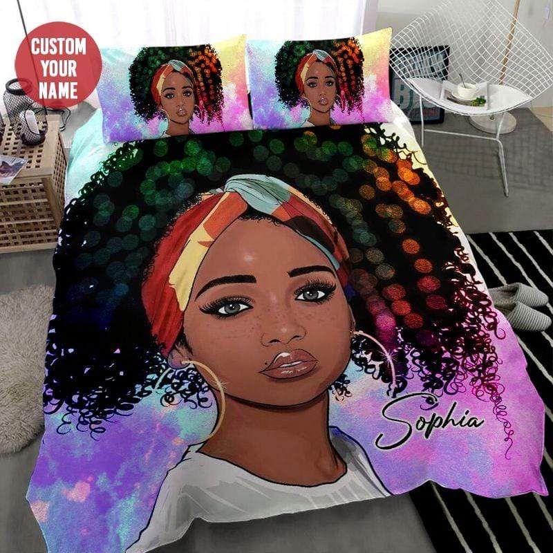 Personalized Black Woman Bandana Colorful Custom Name Duvet Cover Bedding Set