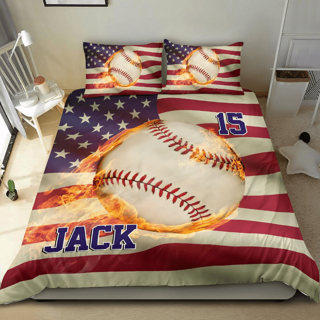 Personalized Baseball Custom Duvet Cover Bedding Set Fire With Your Name