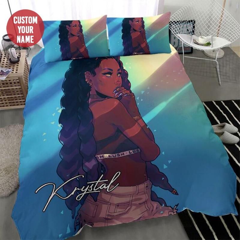 Personalized Long Hair Black Woman Custom Name Duvet Cover Bedding Set