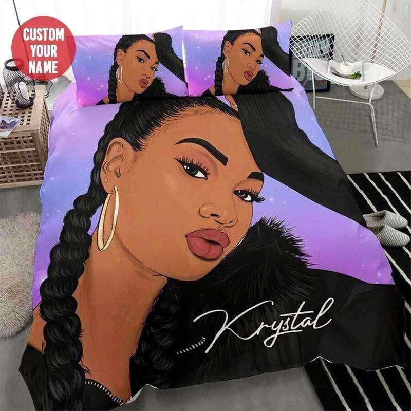 Personalized Black Woman Purple Custom Name Duvet Cover Bedding Set