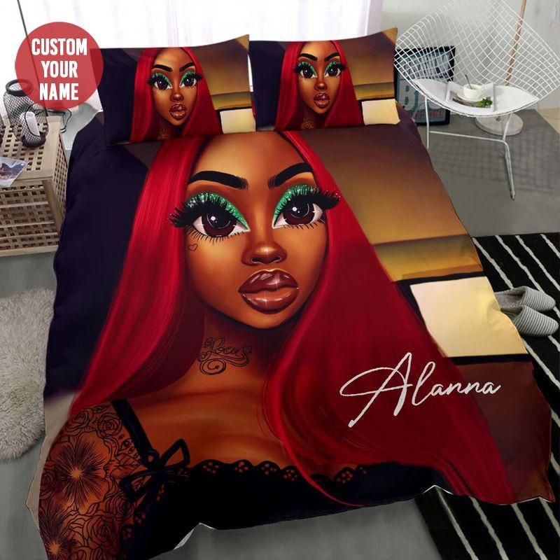 Personalized Black Woman Tattoo Red Hair Custom Name Duvet Cover Bedding Set