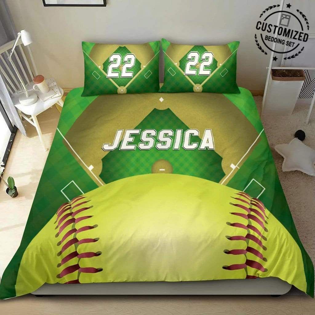 Personalized Customized Duvet Cover Softball Field Green Bedding Set With Your Name