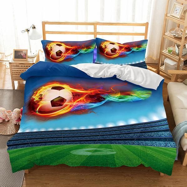 Fire Soccer Ball On Field Duvet Cover Bedding Set