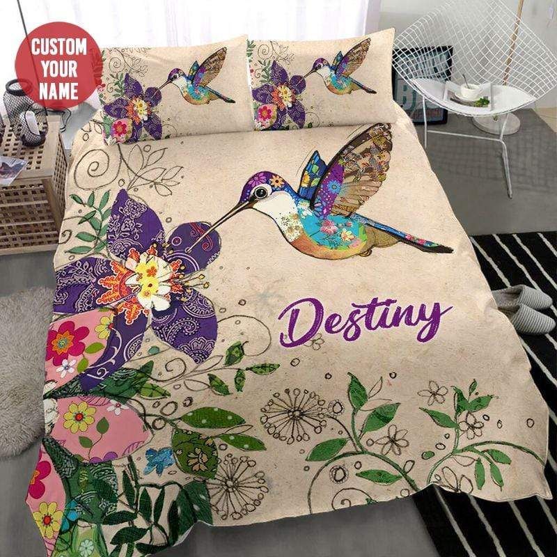 Personalized Beautiful Floral Hummingbird Custom Name Duvet Cover Bedding Set