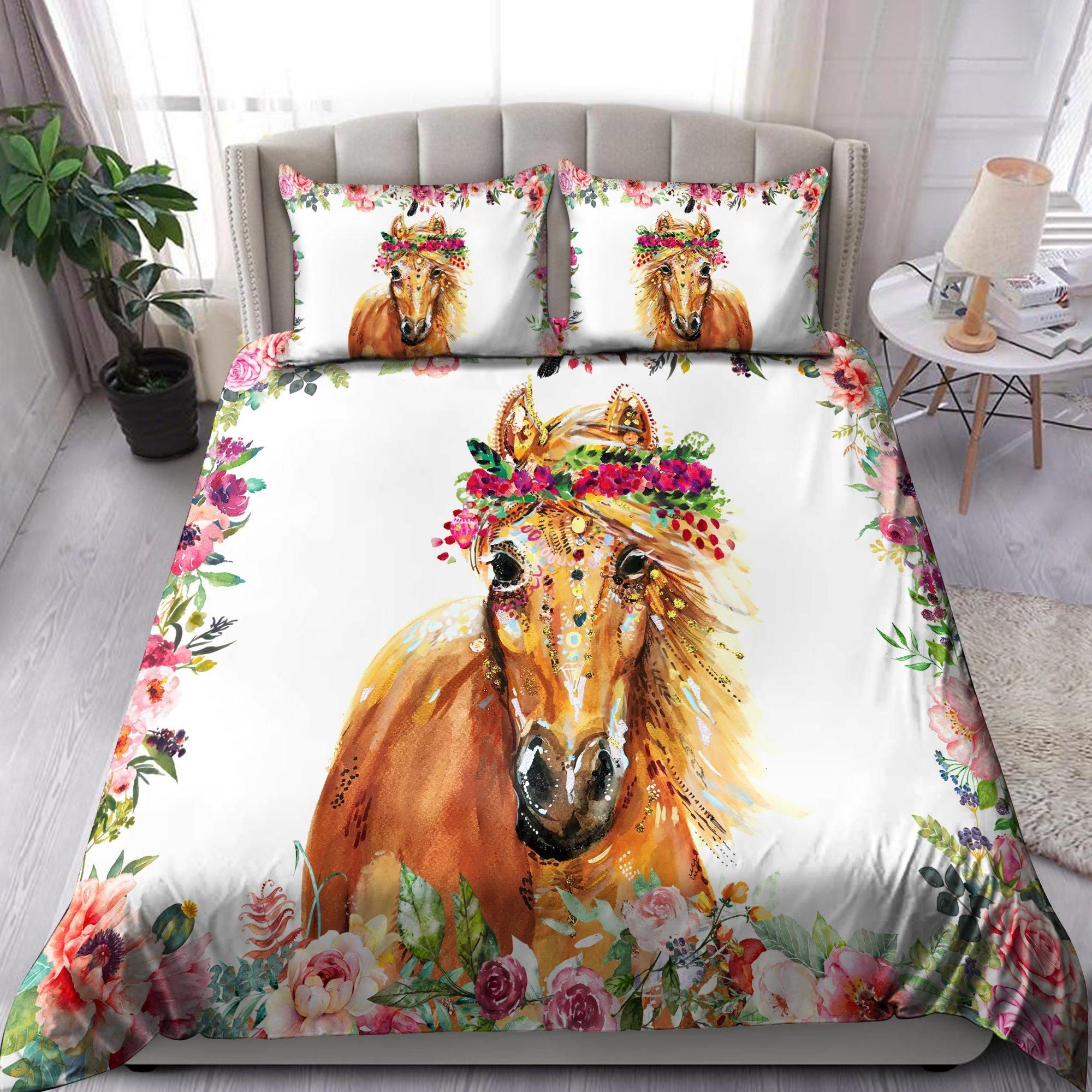 Horse Floral Duvet Cover Bedding Set